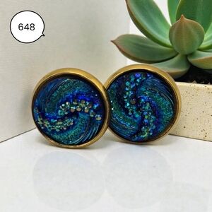 Blue Resin Stud Earrings – Handmade Gold Bezel Statement Jewelry
